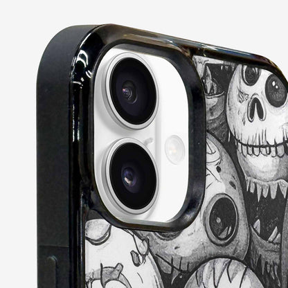 iPhone 16 Case — Black And White Monster Face Collage, Original Design Phone Case