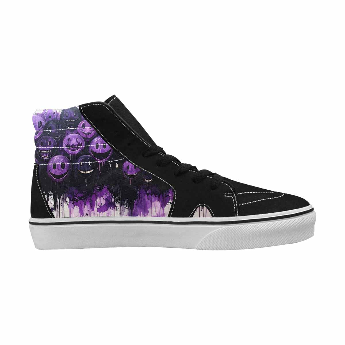 WOMEN'S Smiley Face Black & Purple Ink High Top Canvas Graphic Print Cottagecore Custom Sneakers