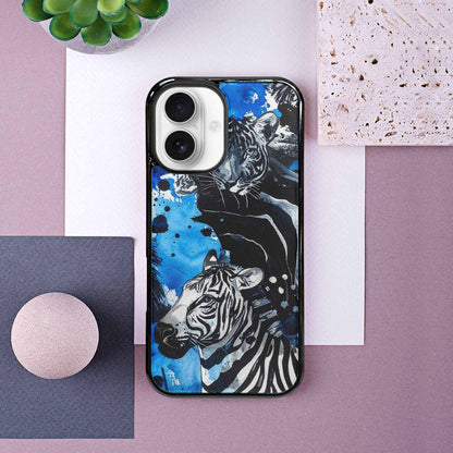 iPhone 16 Case — Animal Print Black Blue Ink Animal, Original Design Phone Case