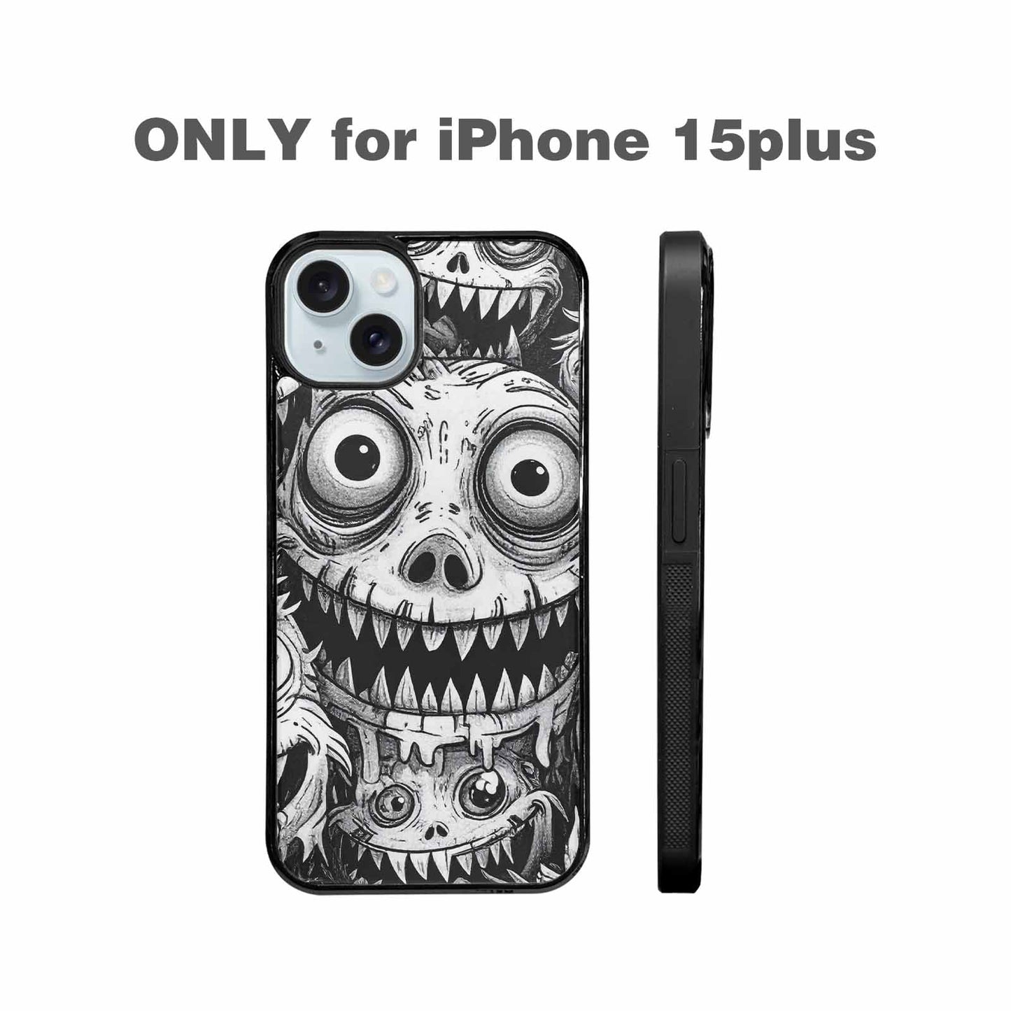 iPhone 15 Plus Case — Black And White Monster Face Collage, Custom Phone Case