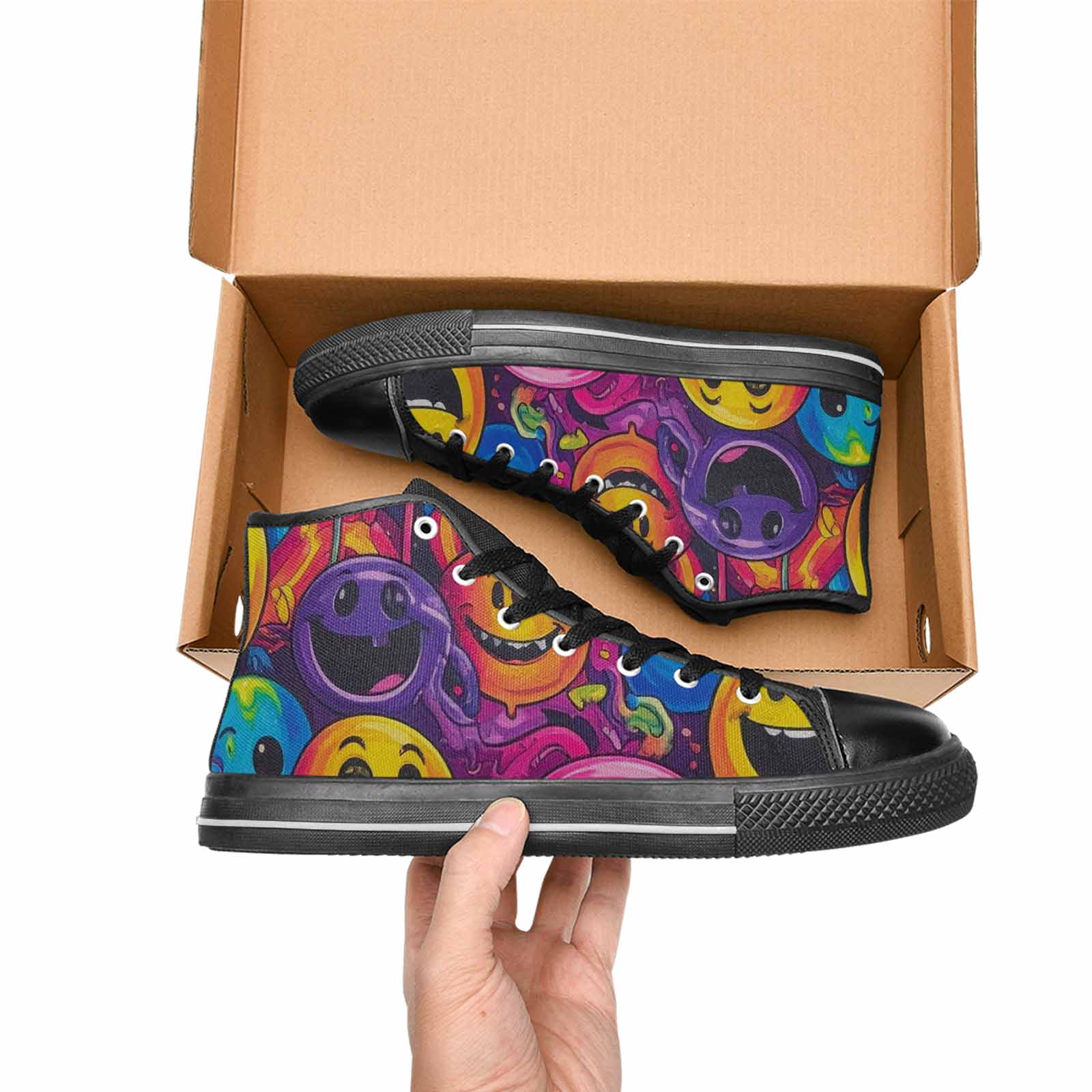 MEN'S Yellow Smiley Face High Top Canvas Wallpaper Art Sneakers