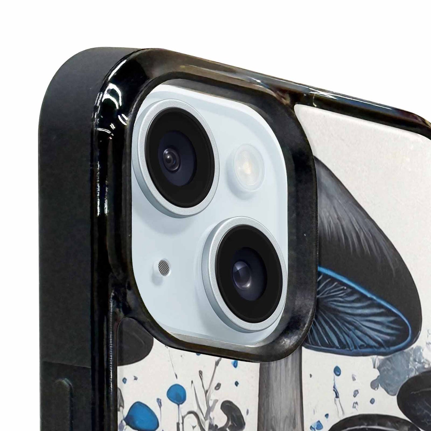 iPhone 15 Plus Case — Mushrooms General Black Blue Ink Mushrooms, Unique Phone Case Design