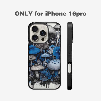 iPhone 16 Pro Case — Mushrooms General Black Blue Ink Mushrooms, Personalized Phone Case