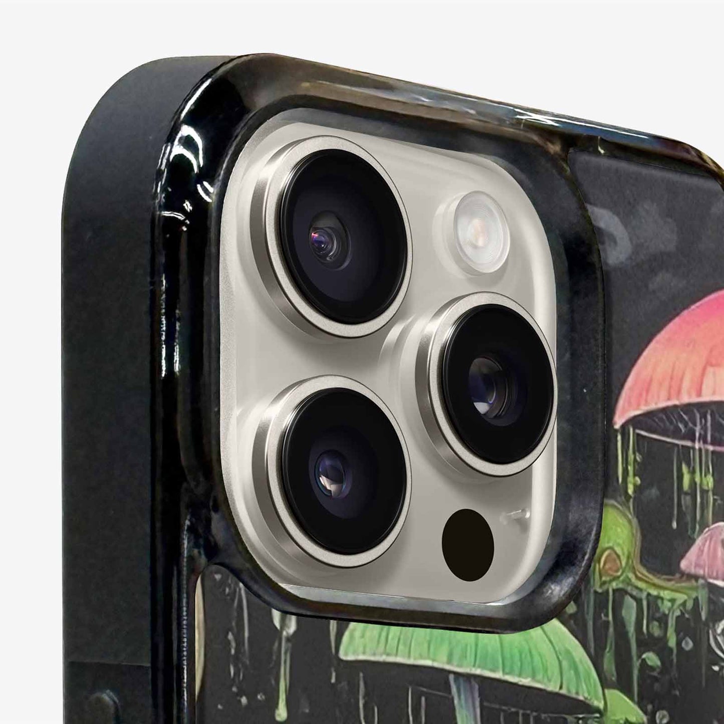 iPhone 16 Pro Case — Rainbow Drip Mushrooms Black Green Ink, Custom Printed Phone Case