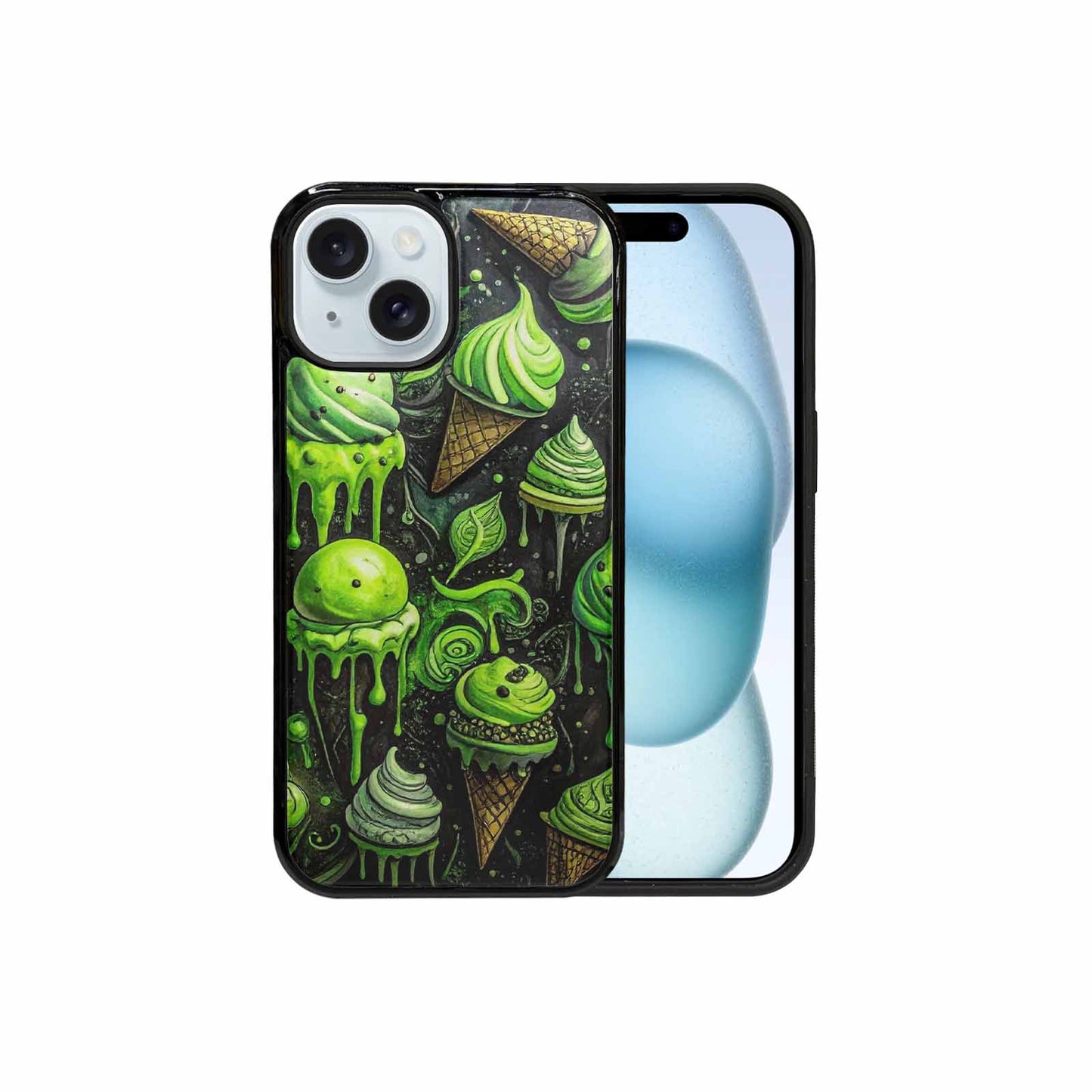 iPhone 15 Case — Ice Cream Motif Black Green Ink, Original Design Phone Case
