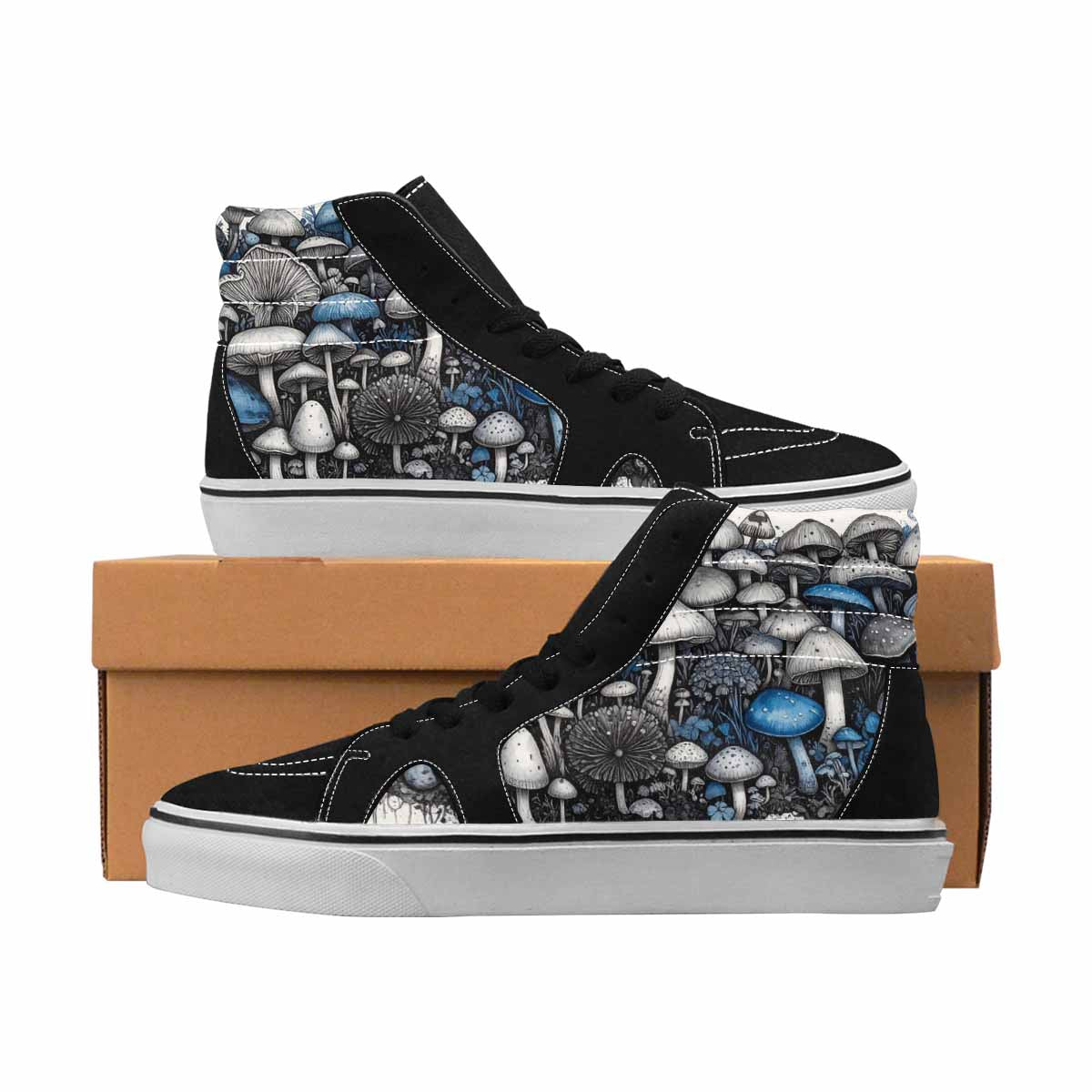 MEN'S Mushrooms Black & Blue Ink High Top Canvas Streetwear Dark Academia Sneakers