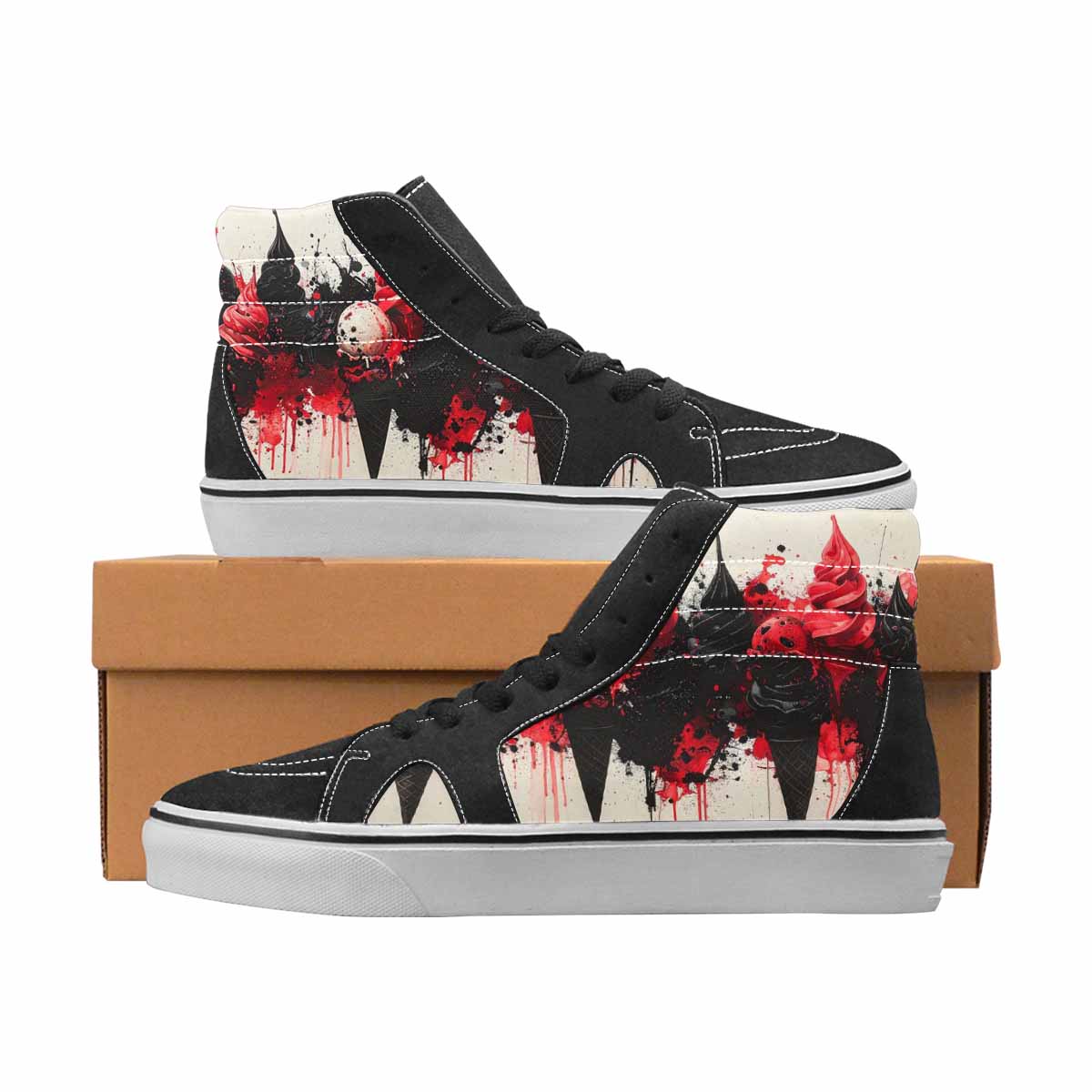 WOMEN'S Ice Cream Black & Red Ink High Top Canvas Wearable Art Grunge Custom Printed Shoes