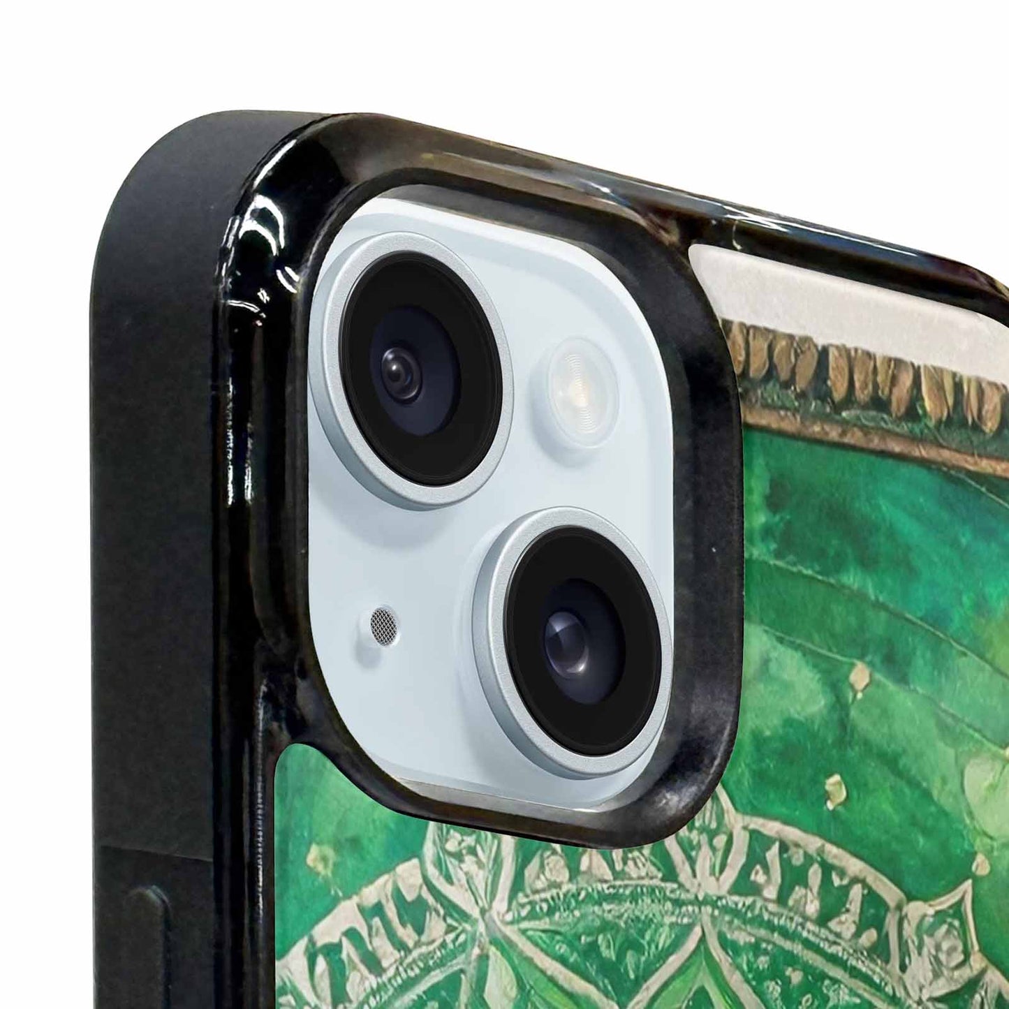 iPhone 15 Plus Case — Green Mandala Bohemian Print Edge To, Custom Made Phone Cover
