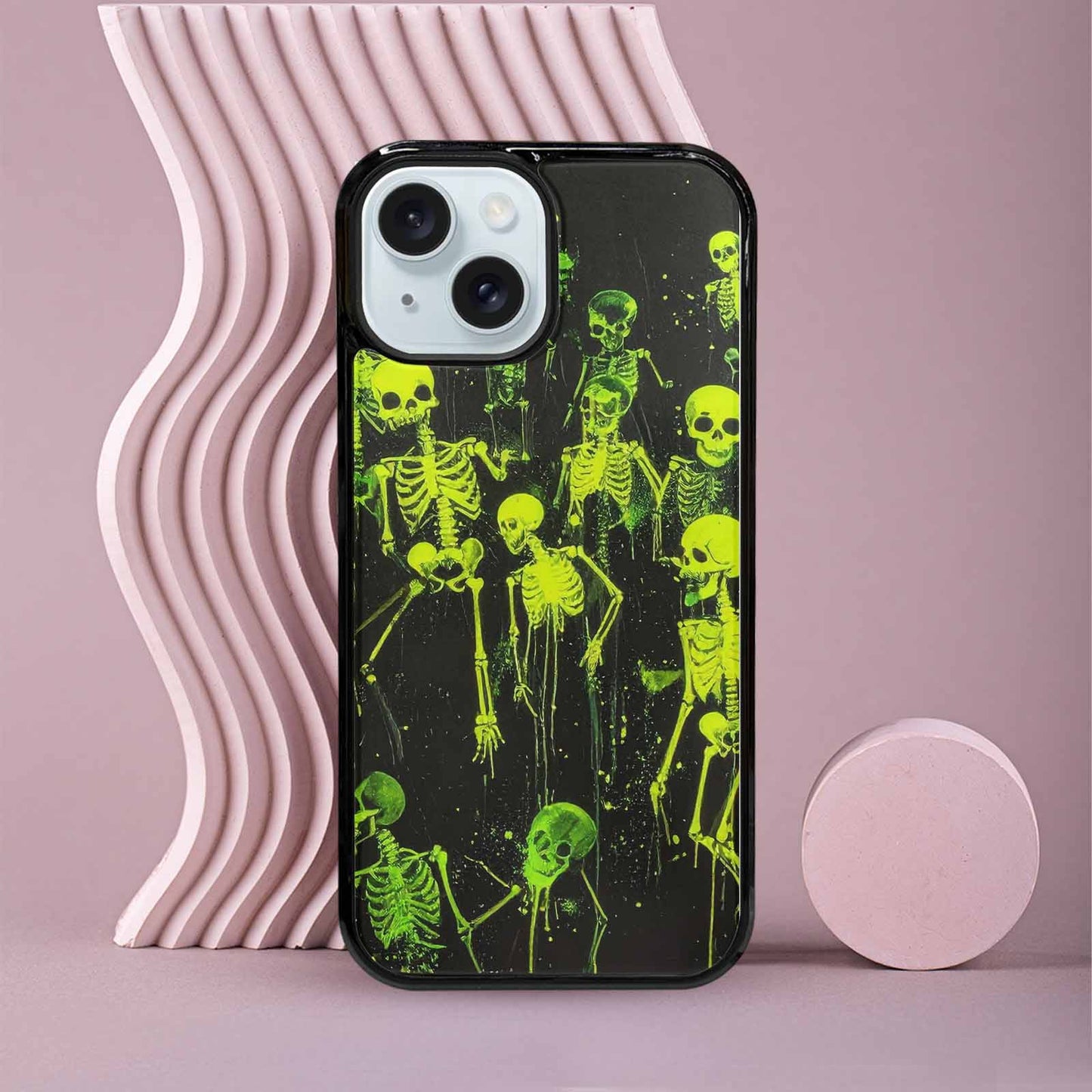 iPhone 15 Case — Skeletons Neon Green Glow Skeletons Pattern, Personalized Phone Case