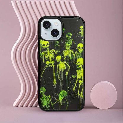 iPhone 15 Case — Skeletons Neon Green Glow Skeletons Pattern, Personalized Phone Case