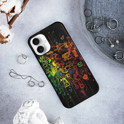 iPhone 16 Plus Case — Neon Glow Outline Icon Pattern Hundreds, Customized Protective Case