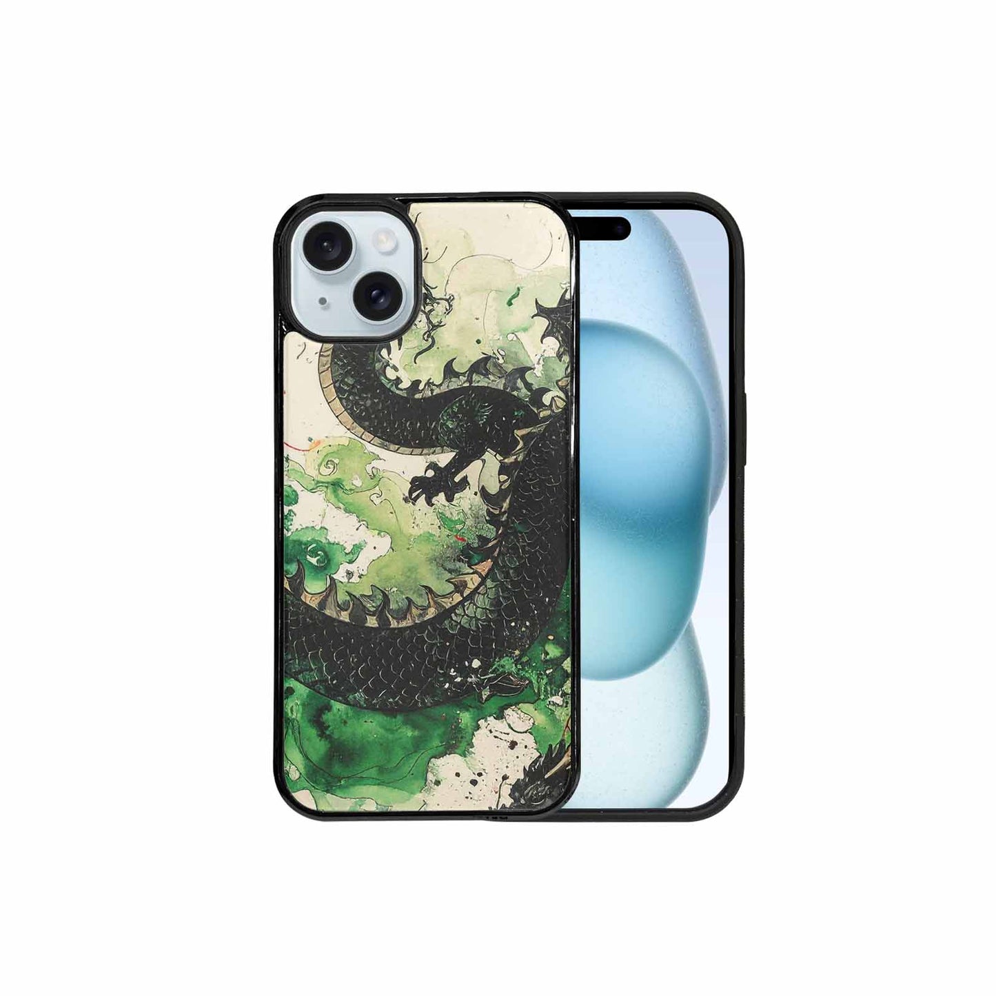iPhone 15 Plus Case — Dragon Scale Black Green Ink Dragons, Unique Phone Case Design