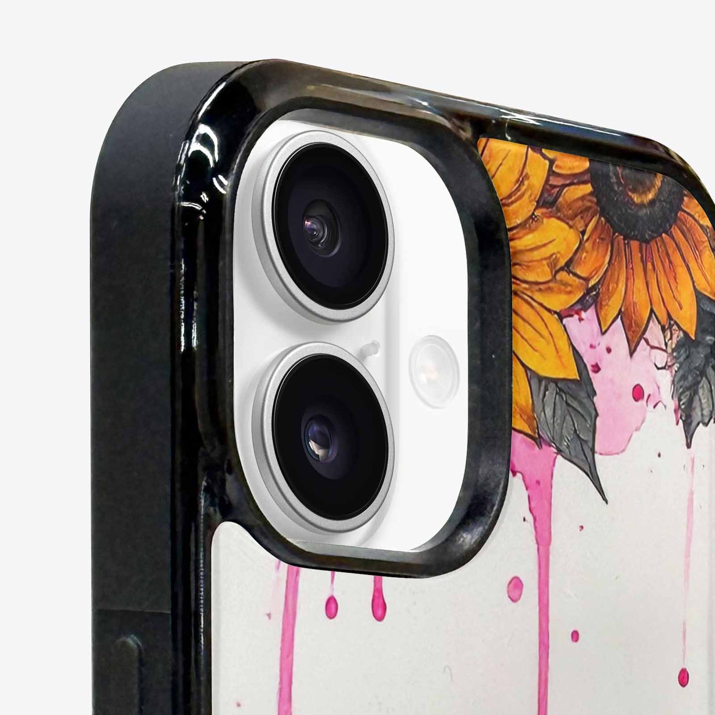 iPhone 16 Plus Case — Sunflower Burst Black Pink Ink Sunflowers, Custom Art Phone Cover