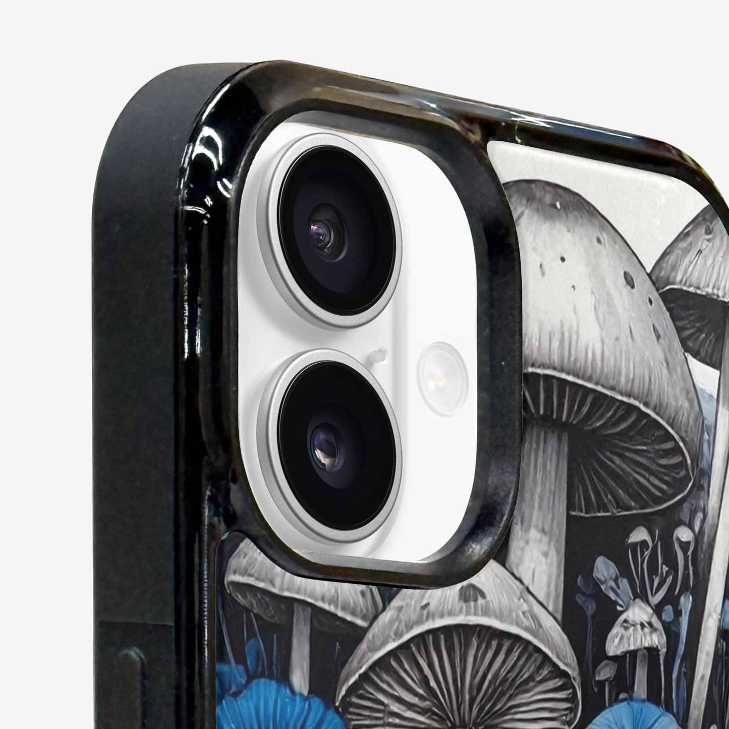 iPhone 16 Plus Case — Mushrooms General Black Blue Ink Mushrooms, Custom Made Phone Cover
