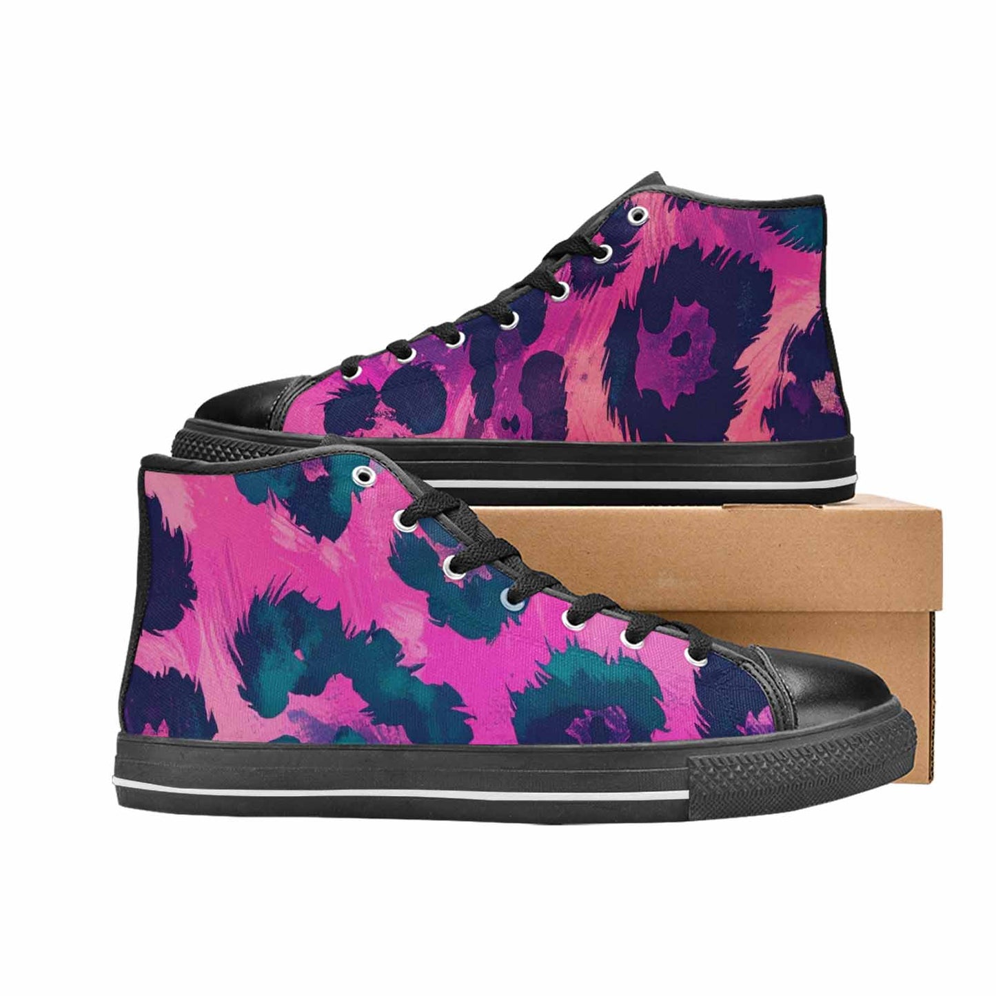 MEN'S Leopard Neon Pink Teal Airbrush High Top Canvas Aesthetic Sneakers
