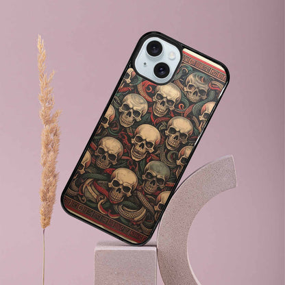 iPhone 15 Plus Case — Traditional Tattoo Style Skulls Entwined With, Custom Made Phone Cover
