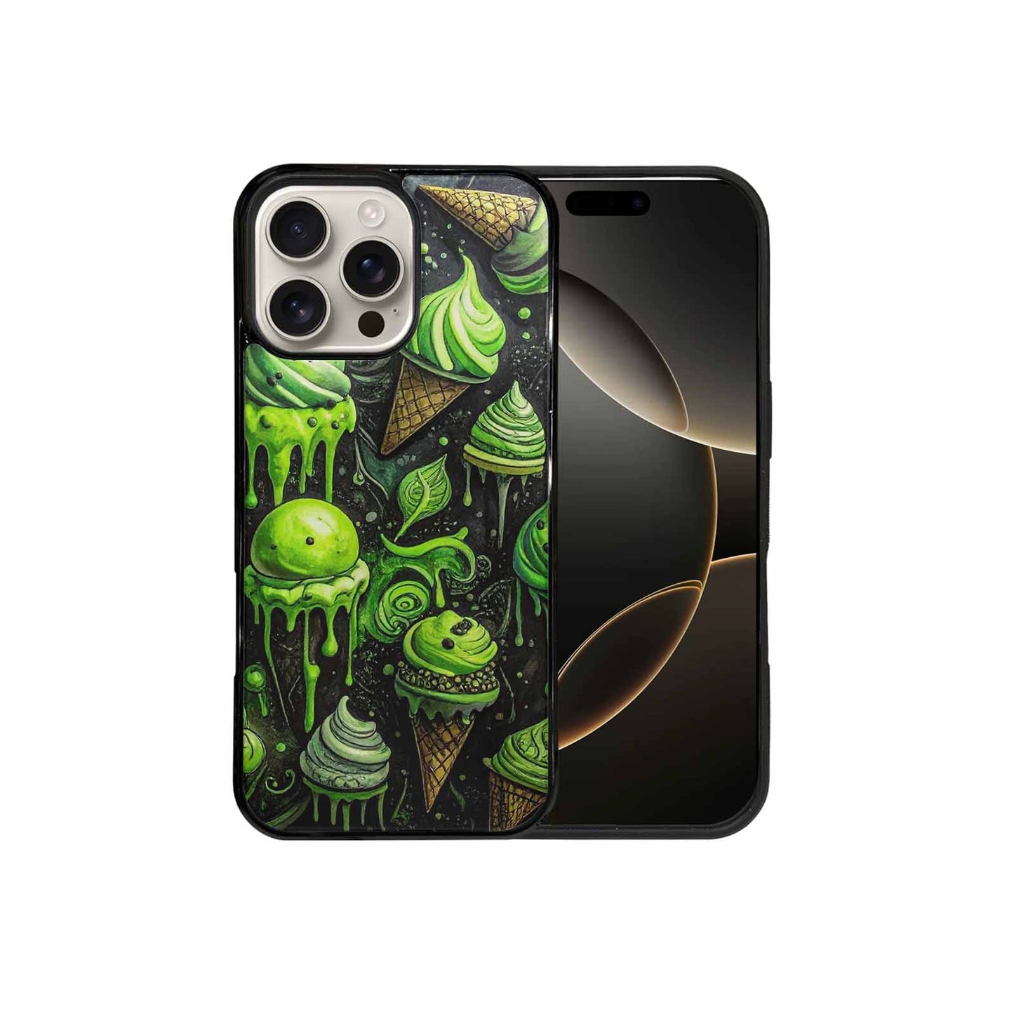 iPhone 16 Pro Max Case — Ice Cream Motif Black Green Ink, Personalized Phone Case