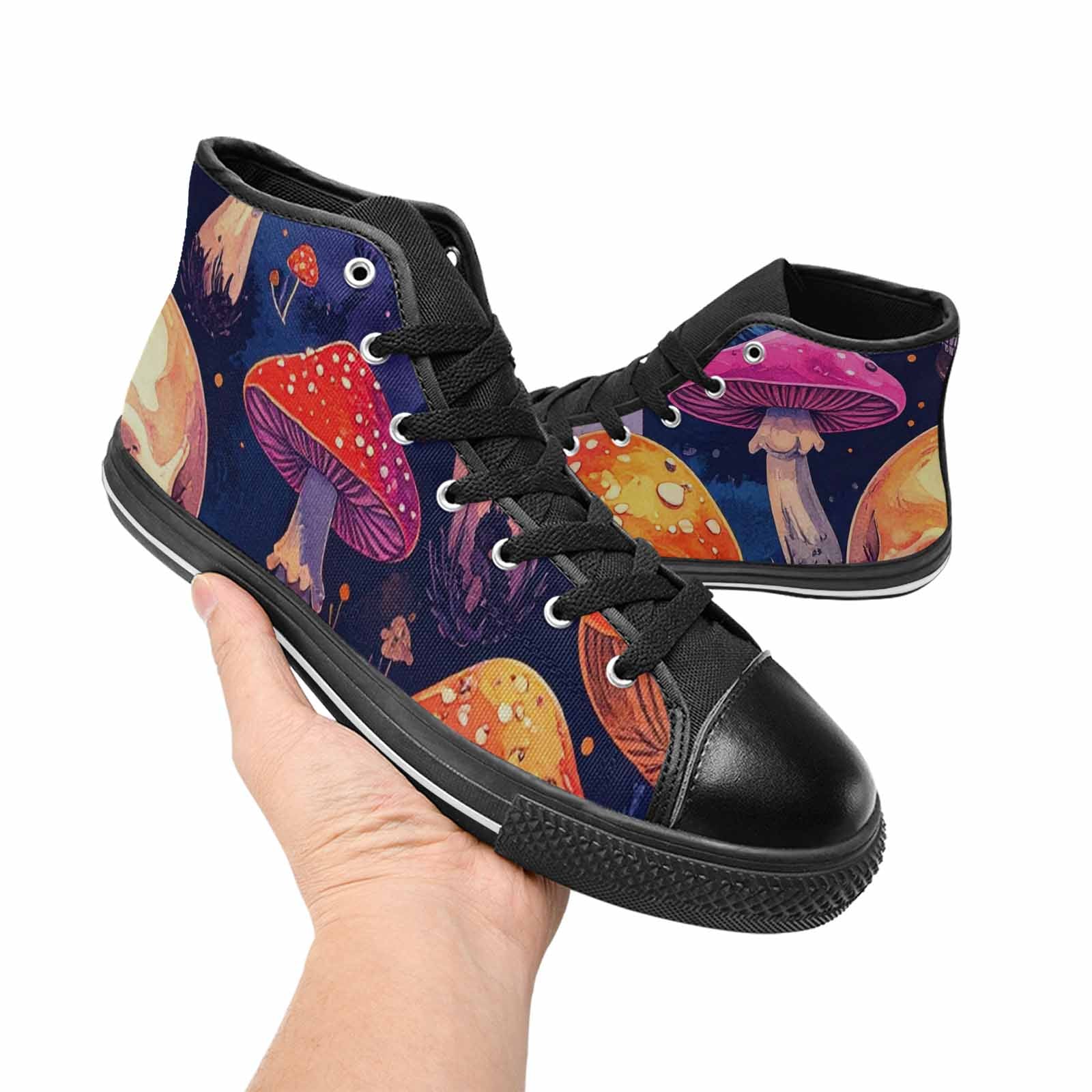 WOMEN'S Mushroom Skulls High Top Canvas Neon Fantasy Sneakers