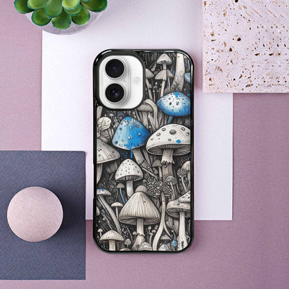 iPhone 16 Case — Mushrooms General Black Blue Ink Mushrooms, Custom Designed Case Cover
