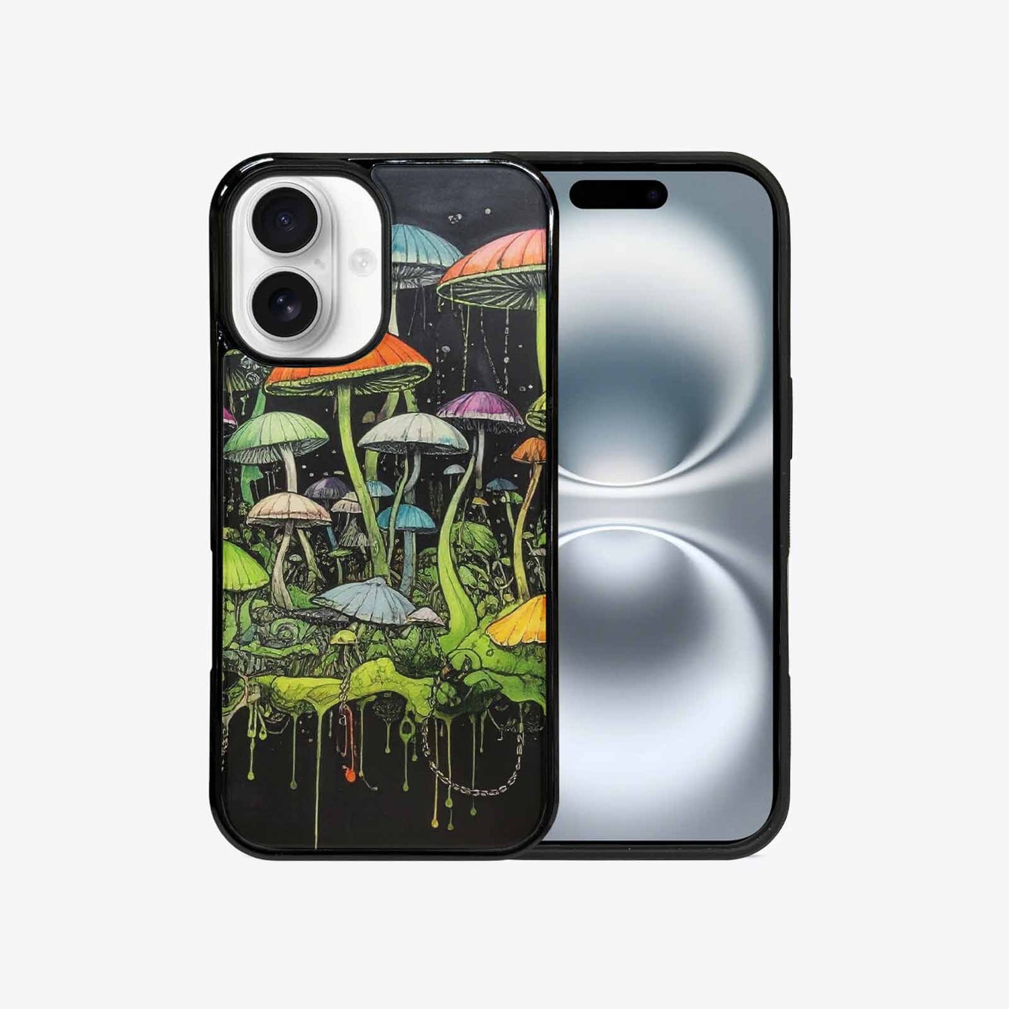 iPhone 16 Case — Rainbow Drip Mushrooms Black Green Ink, Original Design Phone Case