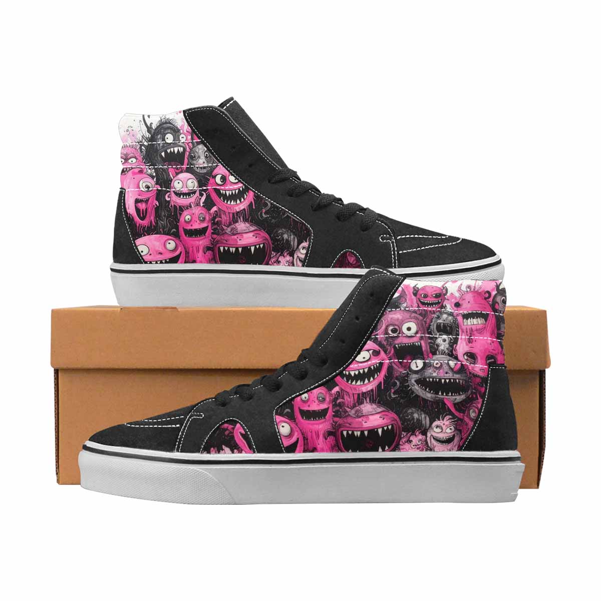 WOMEN'S Monsters Black & Pink Ink High Top Canvas Streetwear Aesthetic Customized Sneakers