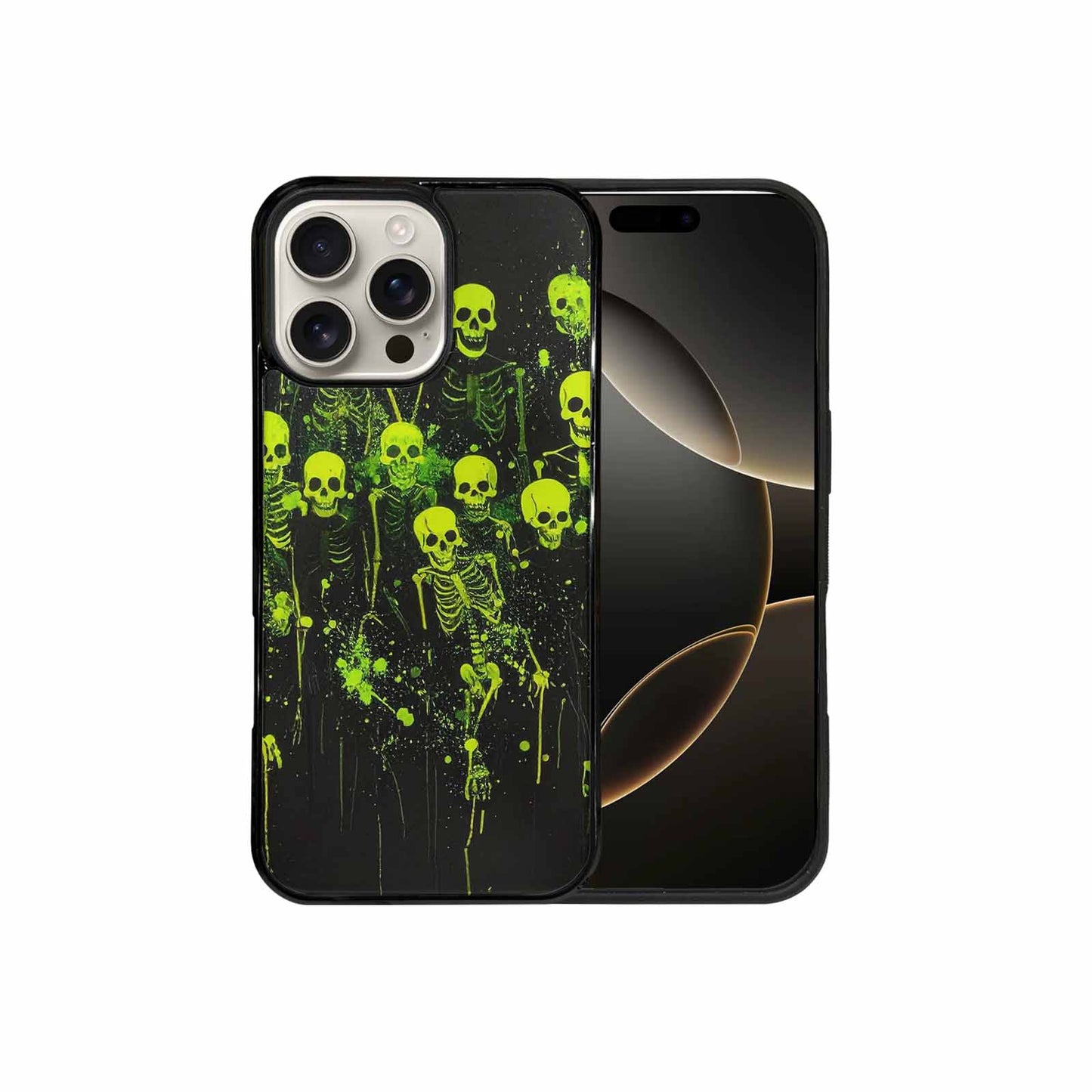 iPhone 16 Pro Max Case — Skeletons Neon Green Glow Skeletons Pattern, Custom Phone Case