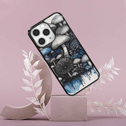 iPhone 15 Pro Max Case — Mushrooms General Black Blue Ink Mushrooms, Custom Designed Case Cover