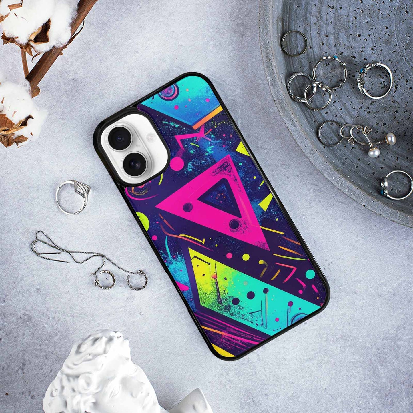 iPhone 16 Plus Case — Memphis Squiggles Triangles Dots, Custom Made Phone Cover