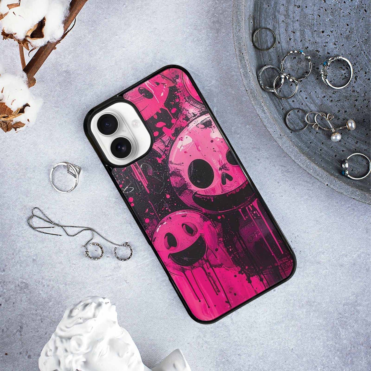iPhone 16 Plus Case — Melting Moon Smiley Black Pink Ink, Custom Printed Phone Case