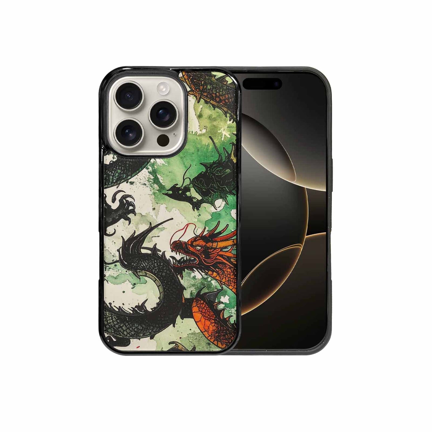 iPhone 16 Pro Case — Dragon Scale Black Green Ink Dragons, Custom Designed Case Cover