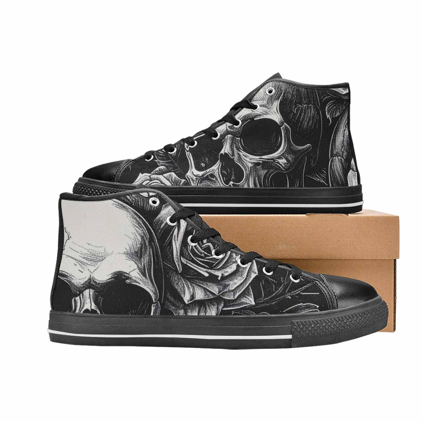 MEN'S Skulls Roses Black Ink High Top Canvas Neon Fantasy Custom Sneakers