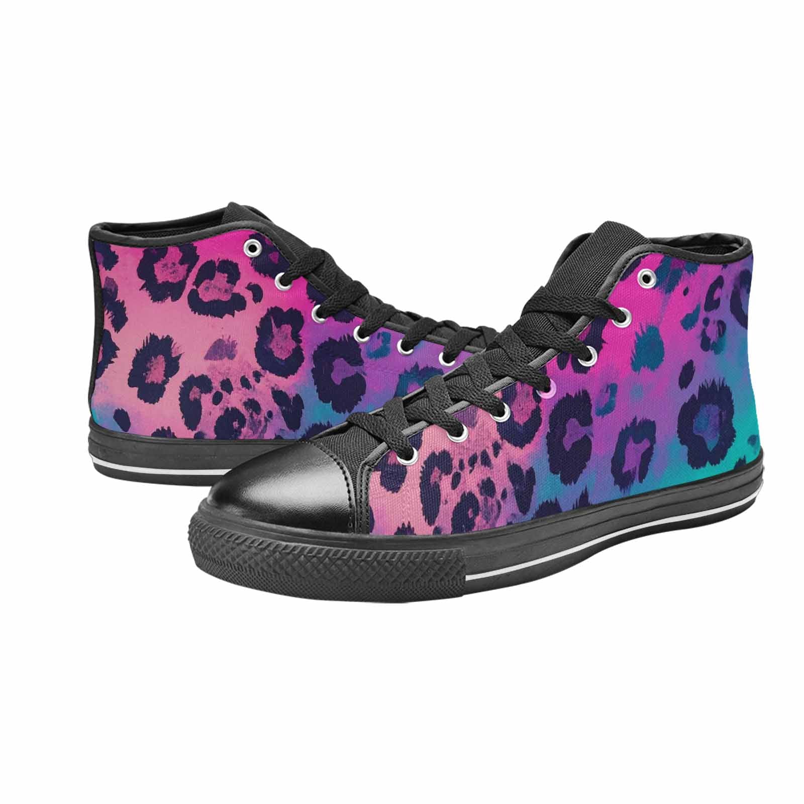 MEN'S Leopard Neon Pink Teal Airbrush High Top Canvas Wallpaper Art Shoes