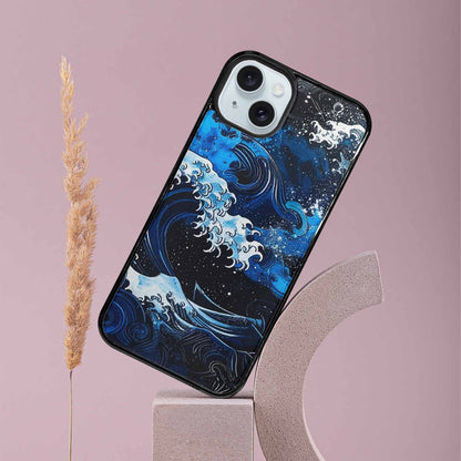 iPhone 15 Plus Case — Nautical Wave Black Blue Ink Wave, Personalized Phone Case