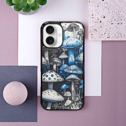 iPhone 16 Case — Mushrooms General Black Blue Ink Mushrooms, Custom Printed Phone Case