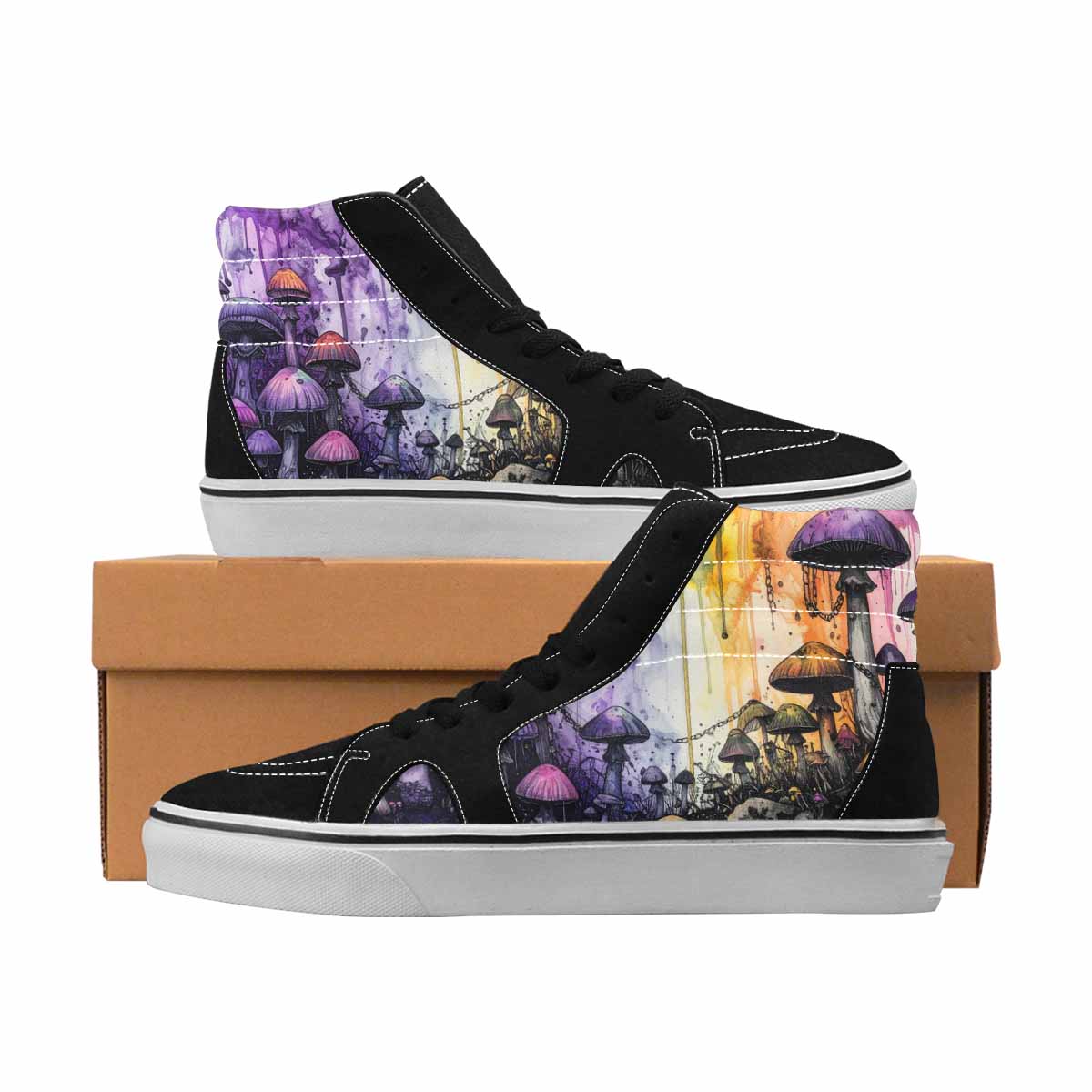 MEN'S Mushrooms Black & Purple Ink High Top Canvas Streetwear Neon Fantasy Custom Print Sneakers