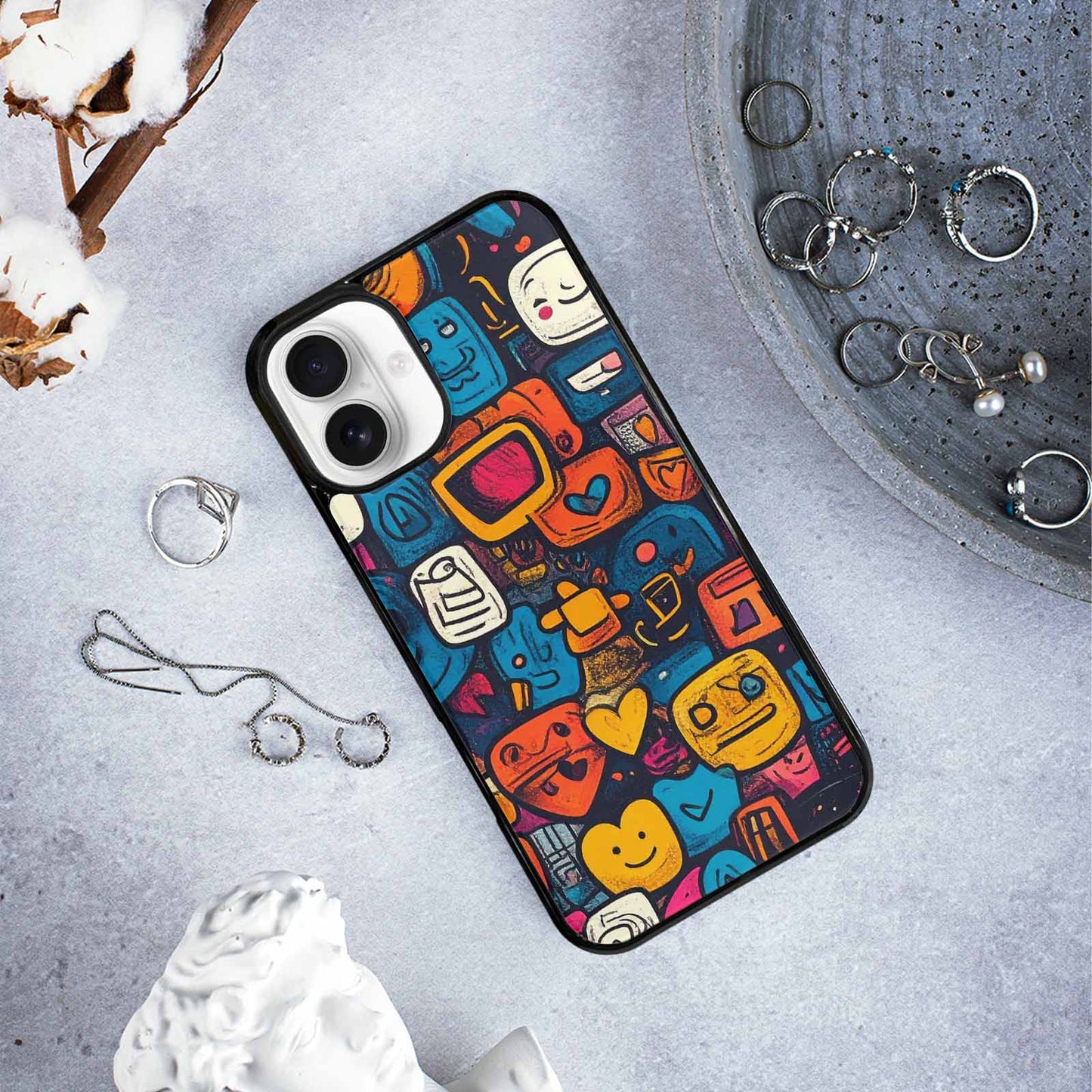 iPhone 16 Plus Case — Hand Drawn Icon Doodle Pattern Hundreds, Custom Print Case Cover