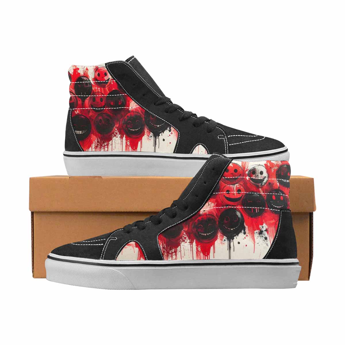WOMEN'S Smiley Face Black & Red Ink High Top Canvas Graphic Print Cottagecore Original Art Sneakers
