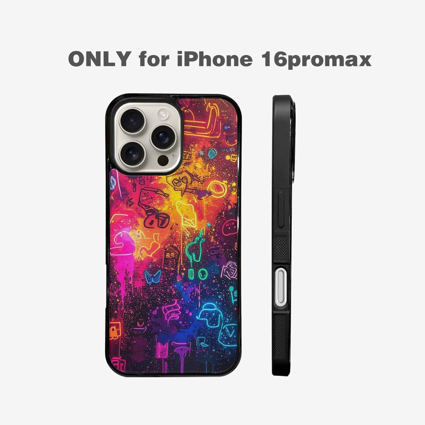 iPhone 16 Pro Max Case — Neon Glow Outline Icon Pattern Hundreds, Custom Print Case Cover