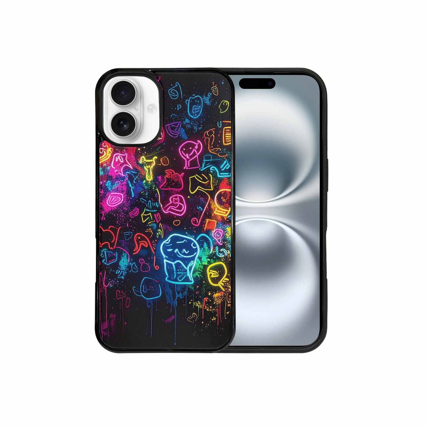 iPhone 16 Plus Case — Neon Glow Outline Icon Pattern Hundreds, Personalized Phone Case