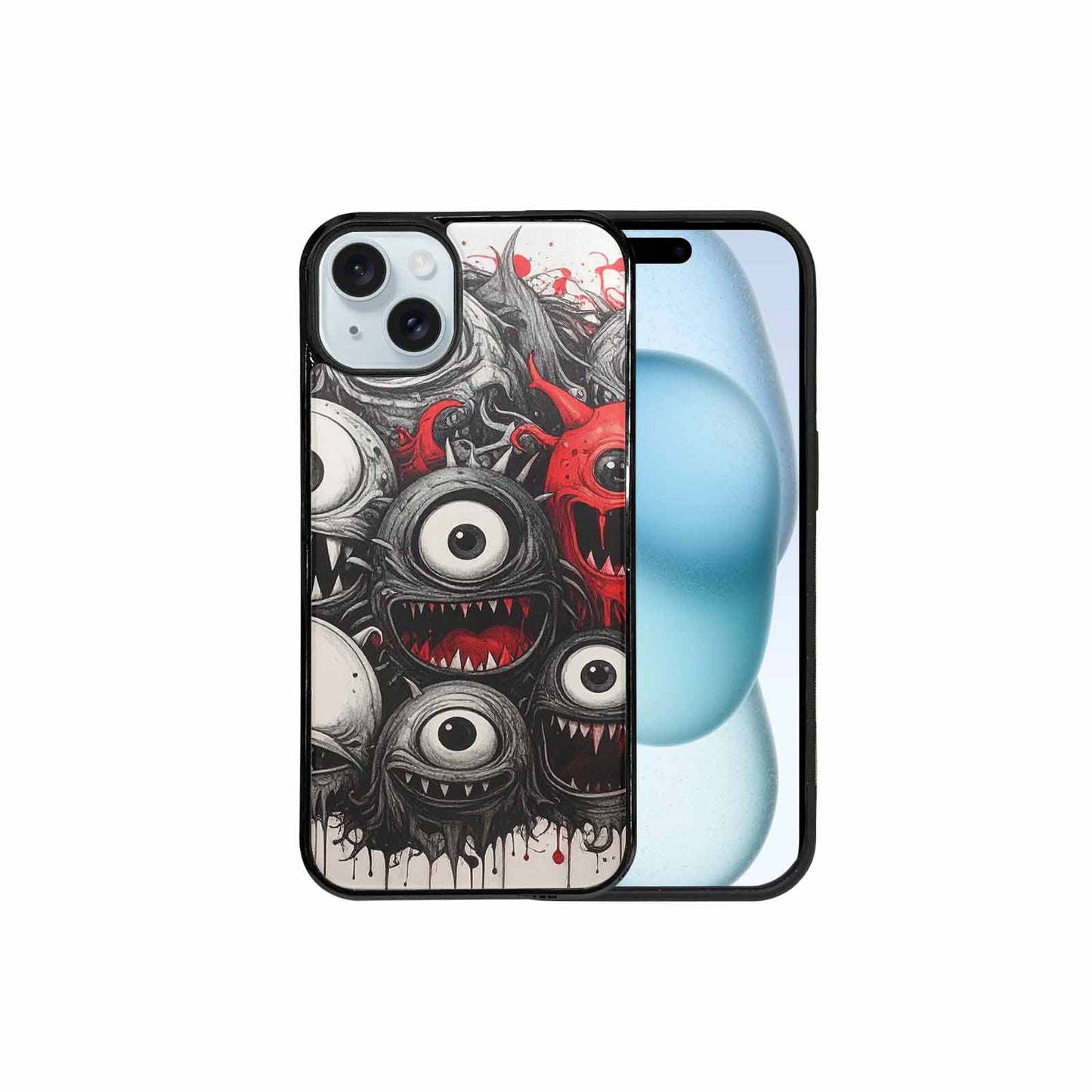 iPhone 15 Plus Case — Multi Eye Monster Black Red Ink, Customized Protective Case