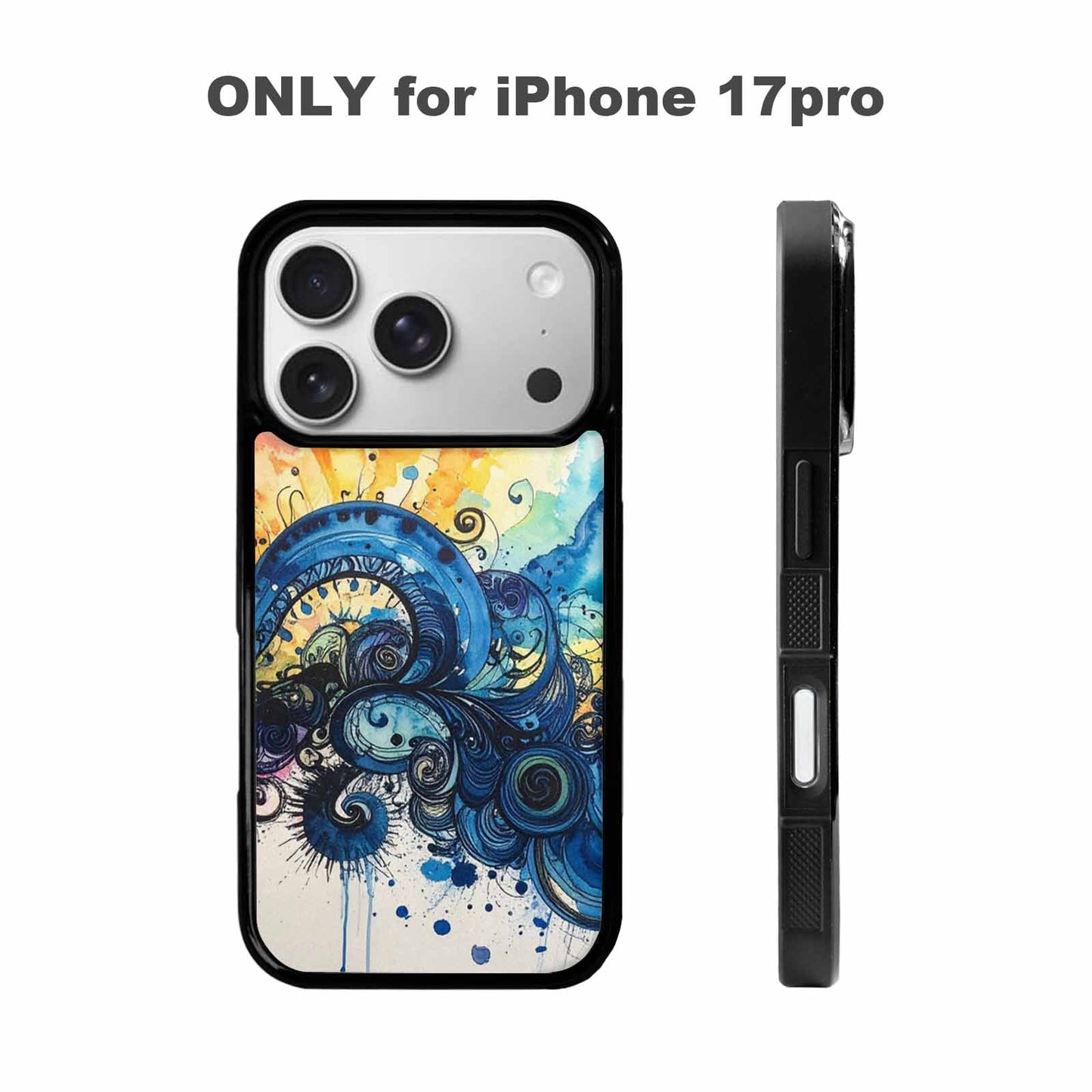 iPhone 17 Pro Case — Tie Dye Swirls Black Blue Tie, Custom Phone Case