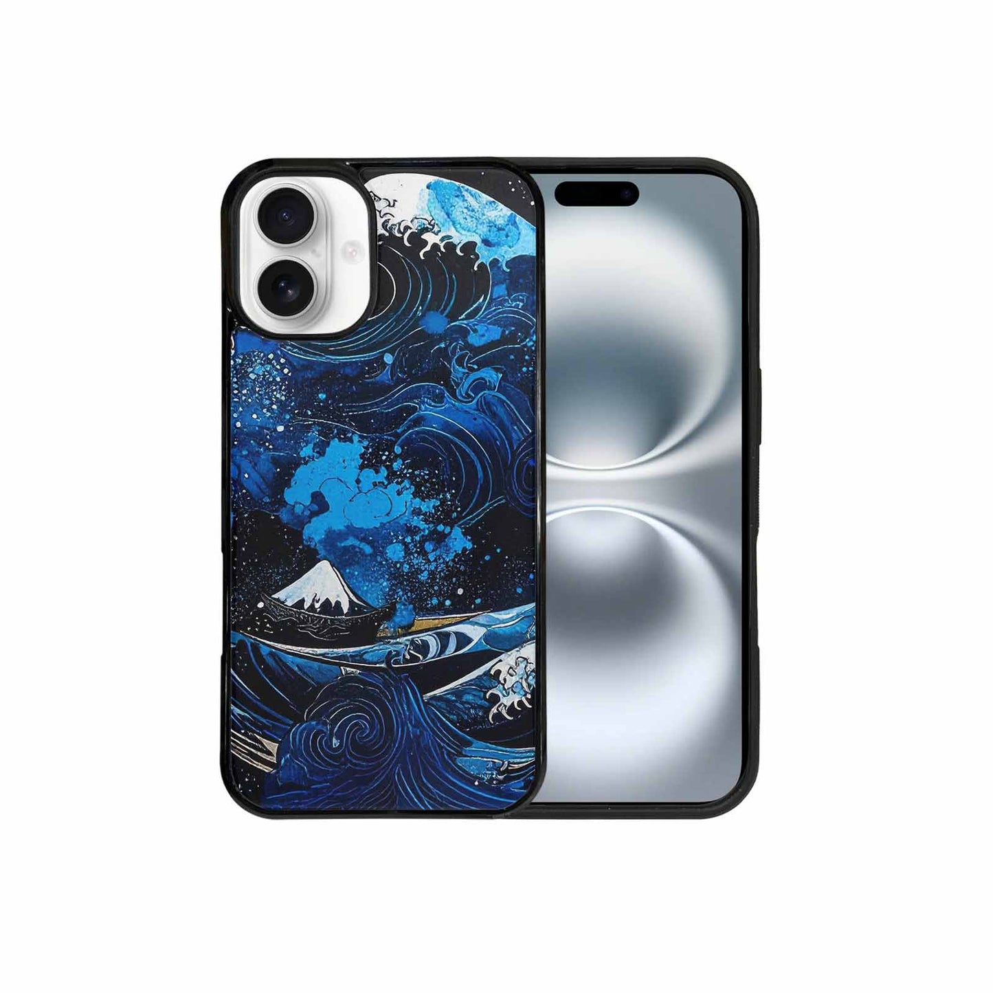 iPhone 16 Plus Case — Nautical Wave Black Blue Ink Wave, Custom Designed Case Cover