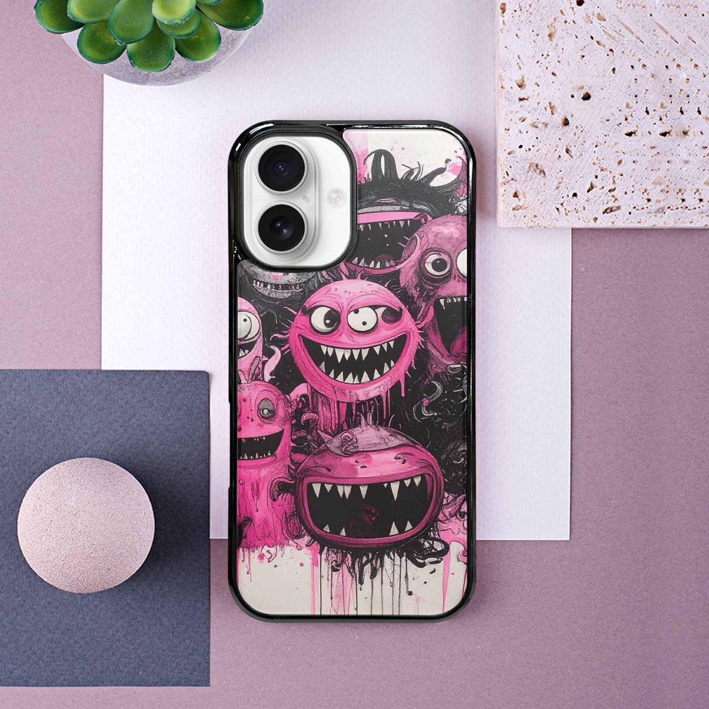 iPhone 16 Case — Monsters General Black Pink Ink Cartoon, Unique Phone Case Design