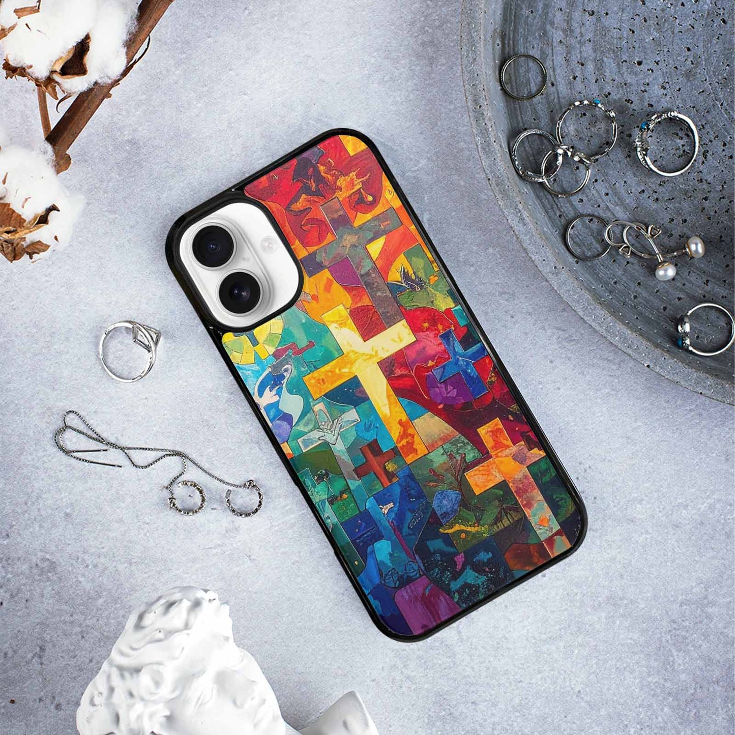 iPhone 16 Plus Case — Faith Cross And Faith Icons Pattern, Custom Phone Case