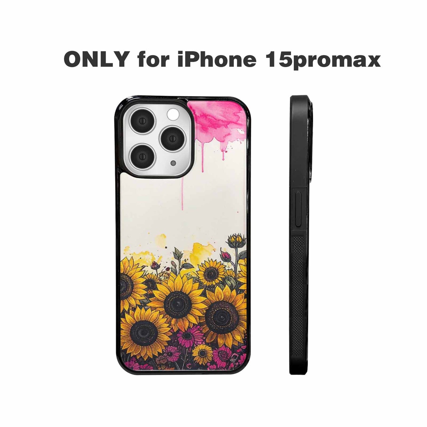 iPhone 15 Pro Max Case — Sunflower Burst Black Pink Ink Sunflowers, Custom Print Case Cover