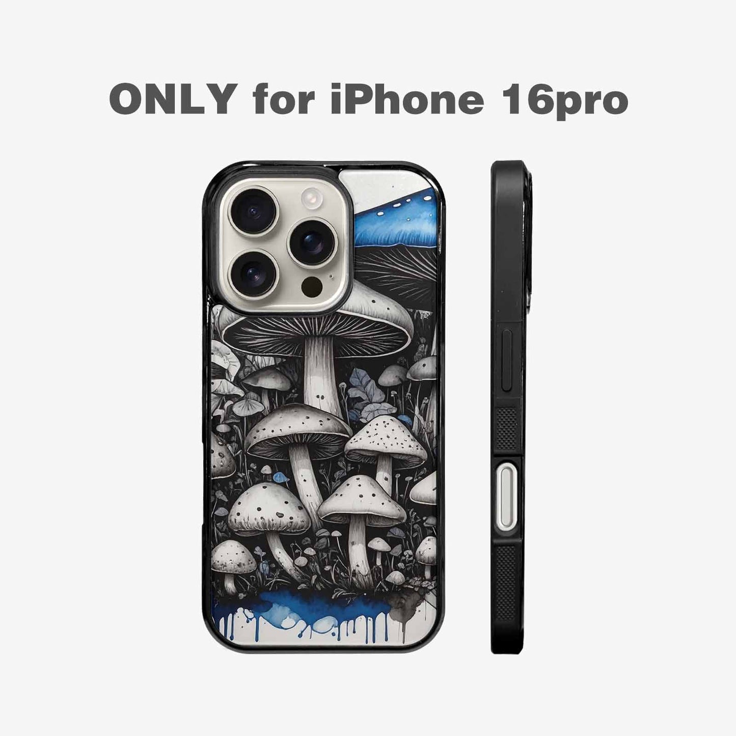 iPhone 16 Pro Case — Mushrooms General Black Blue Ink Mushrooms, Custom Print Case Cover