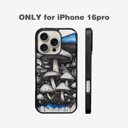 iPhone 16 Pro Case — Mushrooms General Black Blue Ink Mushrooms, Custom Print Case Cover