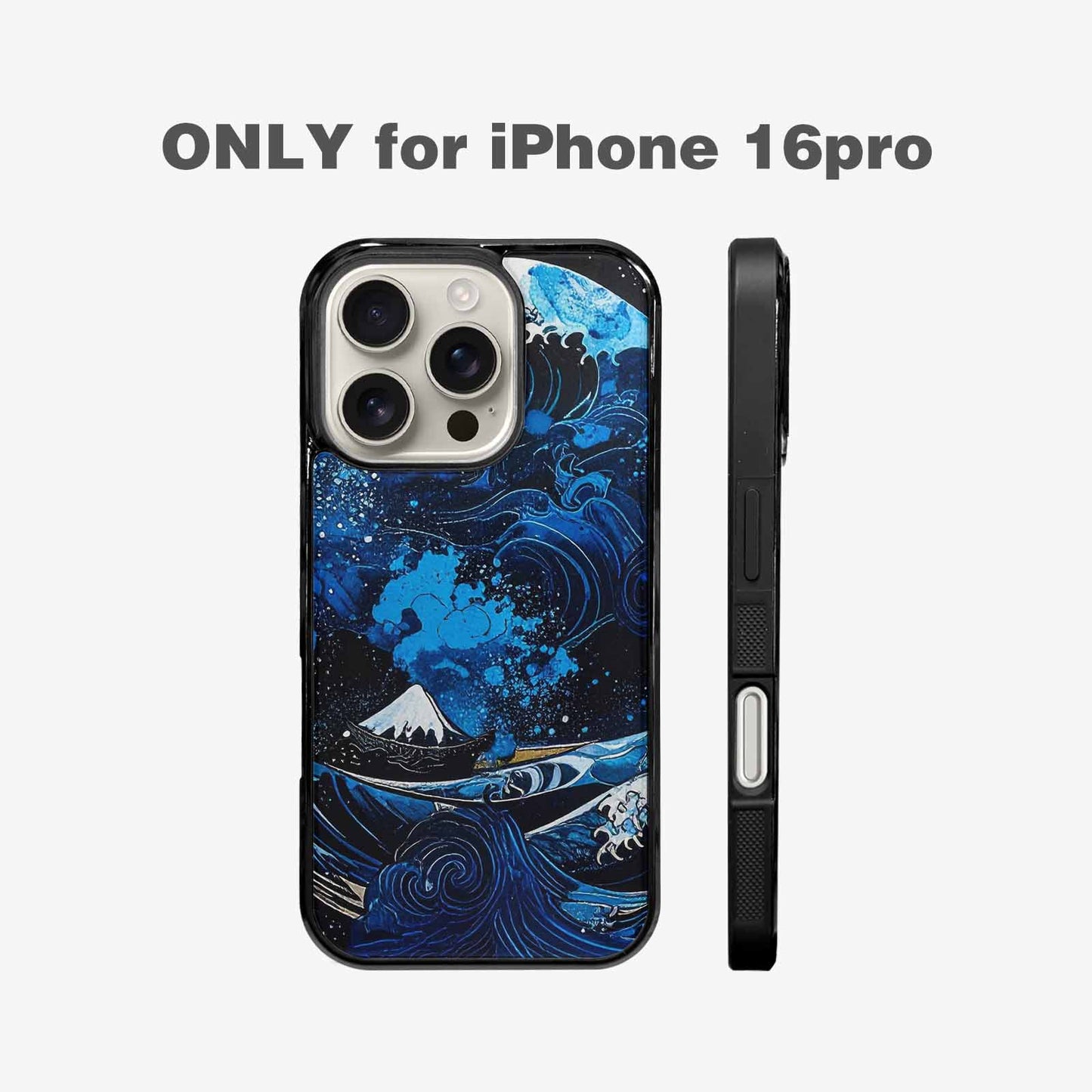 iPhone 16 Pro Case — Nautical Wave Black Blue Ink Wave, Custom Print Case Cover