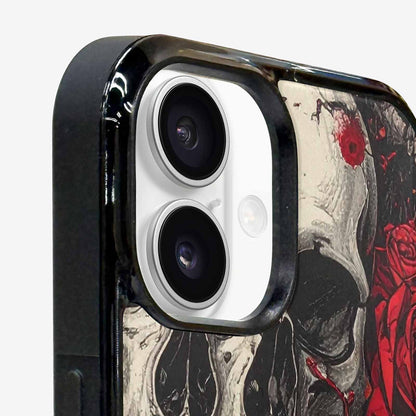 iPhone 16 Case — Skull And Roses Black Red Ink, Custom Printed Phone Case