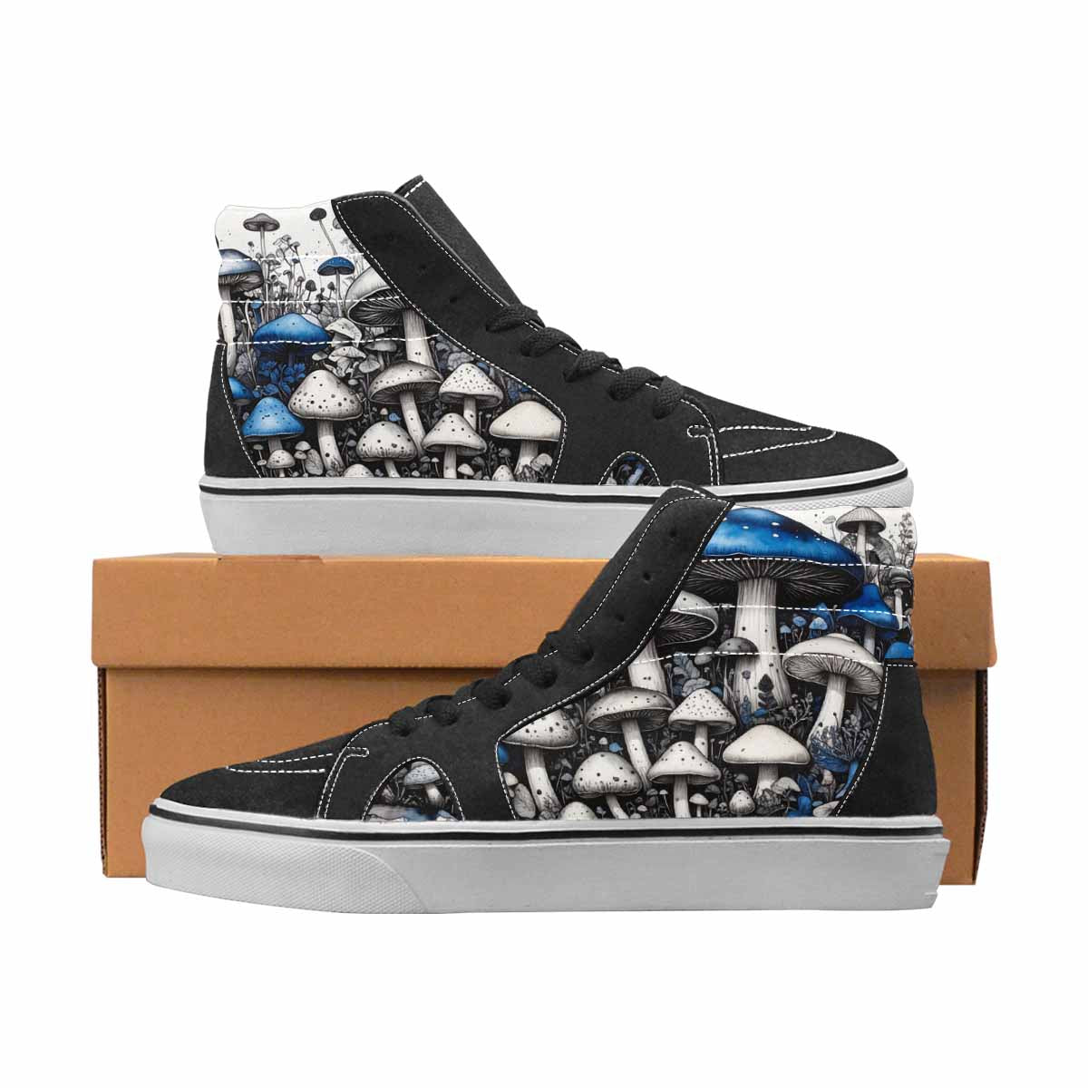 WOMEN'S Mushrooms Black & Blue Ink High Top Canvas Personalized Vivid Limited Edition Sneakers
